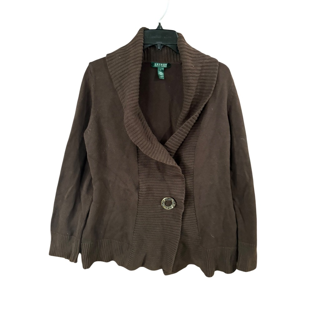 Lauren Ralph Lauren Brown Cotton Shawl Collar Button Cardigan Sweater Womens L‎